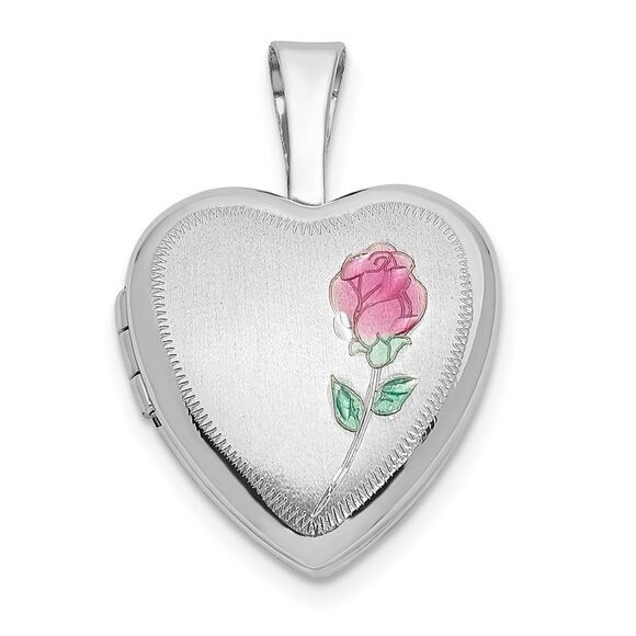 Kazi Luxury 14k White Gold 12mm Satin with Enamel Rose Heart Locket